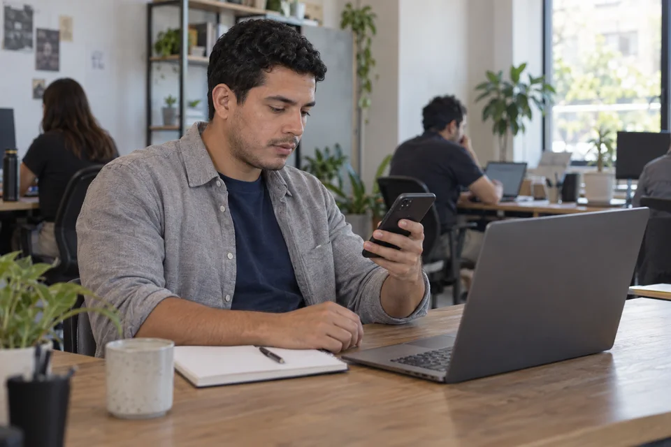 Un profesional consulta su teléfono mientras organiza su trabajo desde una computadora.