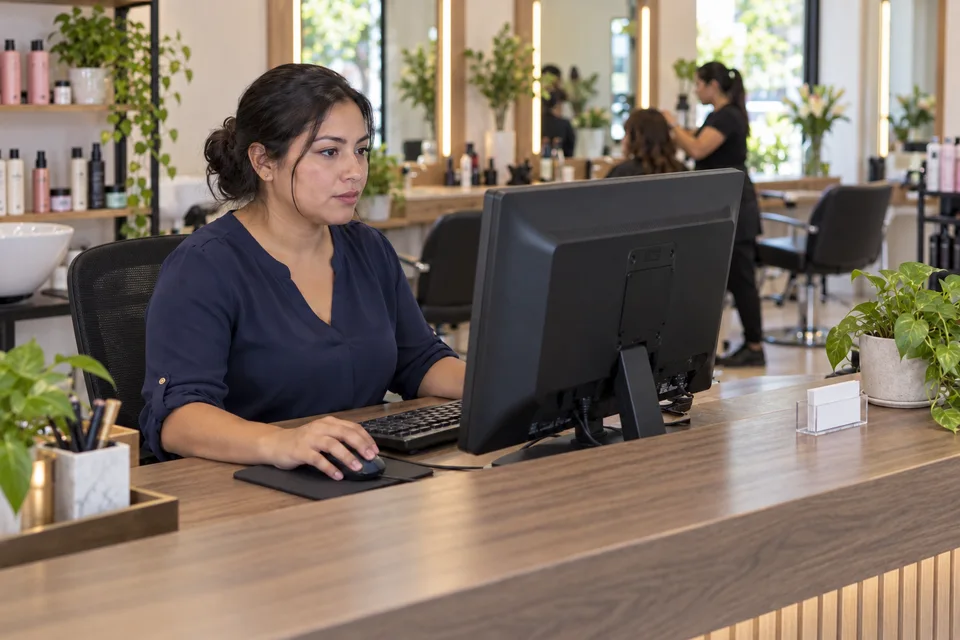 Una recepcionista organiza las citas de un salón de belleza en su computadora, junto a una agenda de ejemplo de Bokari.